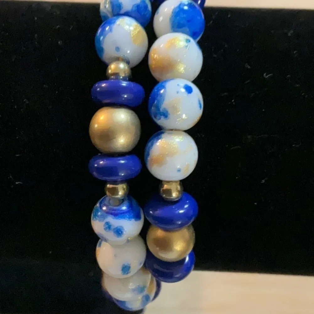 Hand Crafted Memory Wire Wrap Bracelet Royal Blue Gold White Small/Medium